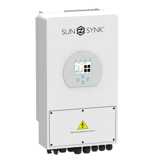 Sunsynk ECCO 3.6kW single-phase hybrid inverter with touchscreen display and warning label on lower panel